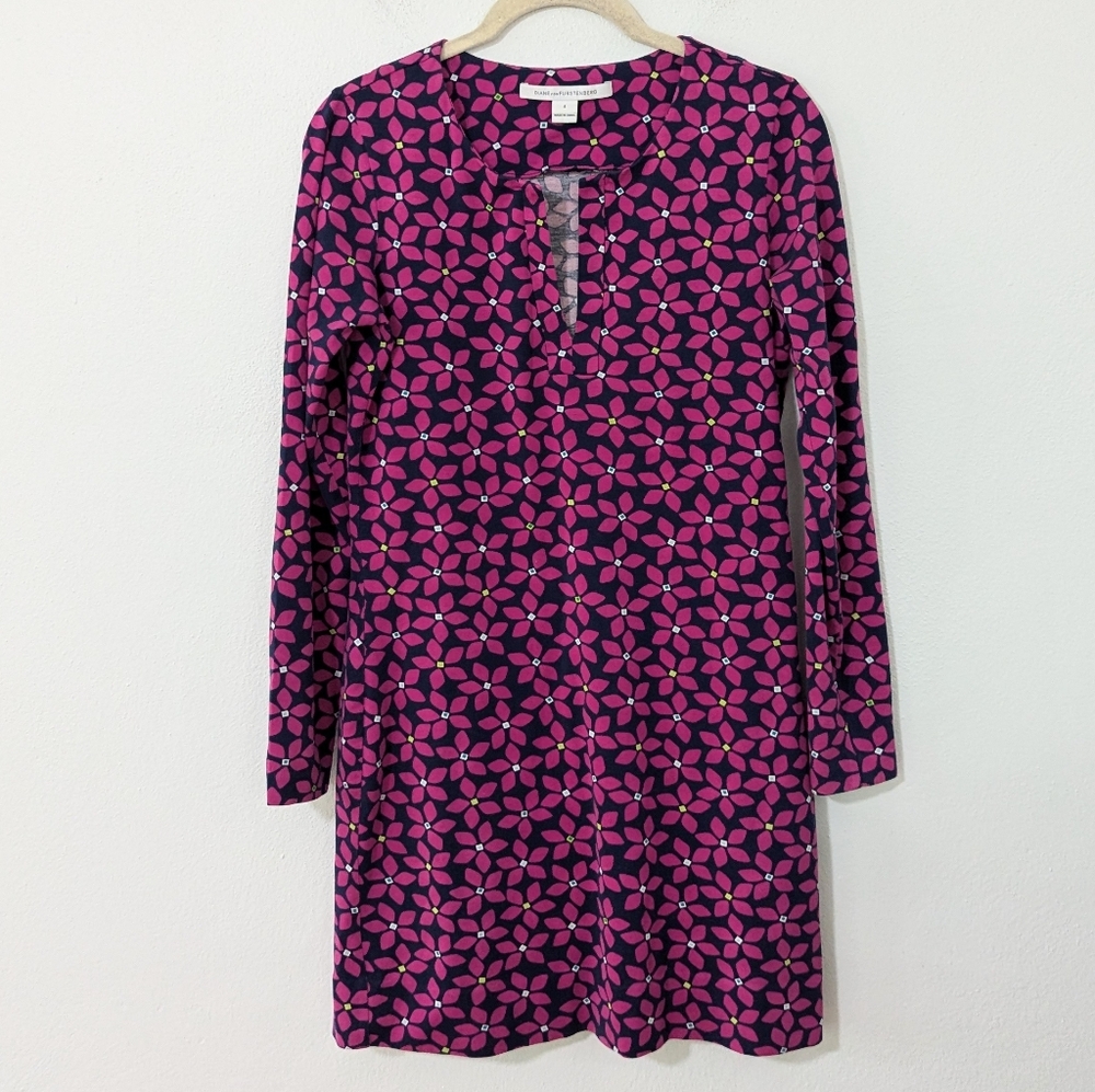 Diane Von Furstenberg Reina Dress Floral Print Split Neck Mini Silk Blend 4